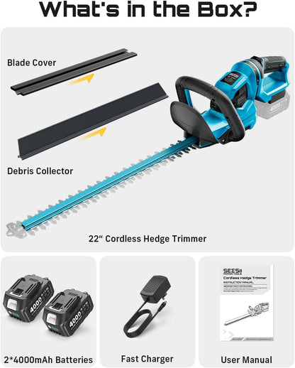 22" Hedge Trimmer Cordless, 20V Electric Bush Trimmer, 2 Batteries