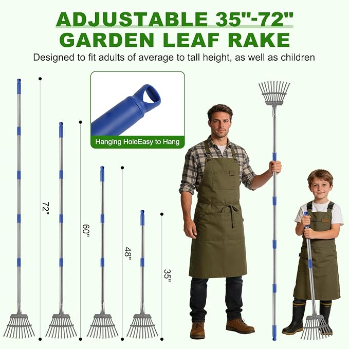 Small Garden Rake for Leaves, 6 Ft Adjustable Metal Lawn Rake