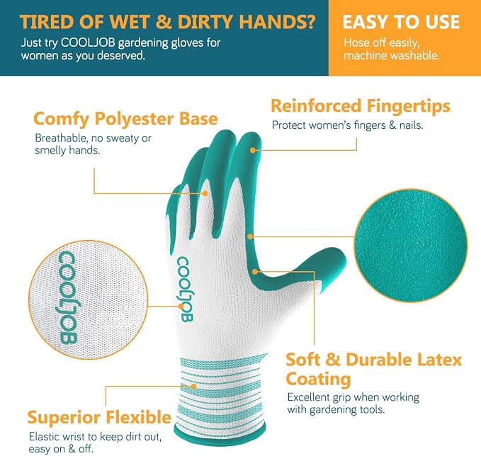 6 Pairs Gardening Gloves for Women, Rubber Coated with Grip, Medium Size