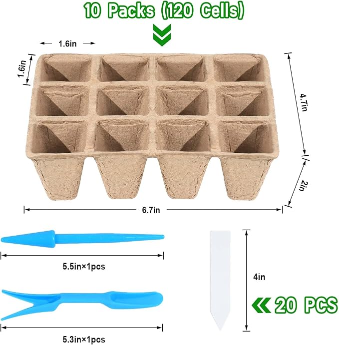 10-Pack Seed Starter Trays, 120 Cells Biodegradable with Labels & Transplant Tools