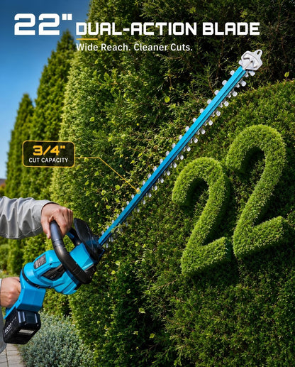 22" Hedge Trimmer Cordless, 20V Electric Bush Trimmer, 2 Batteries