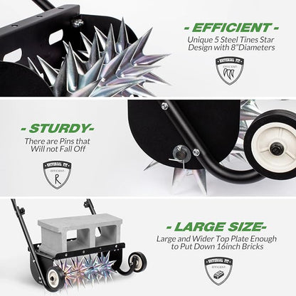 18-Inch Push Spike Lawn Aerator, Heavy Duty Rolling with Steel Handle