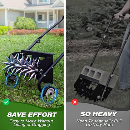 18-Inch Push Spike Lawn Aerator, Heavy Duty Rolling with Steel Handle