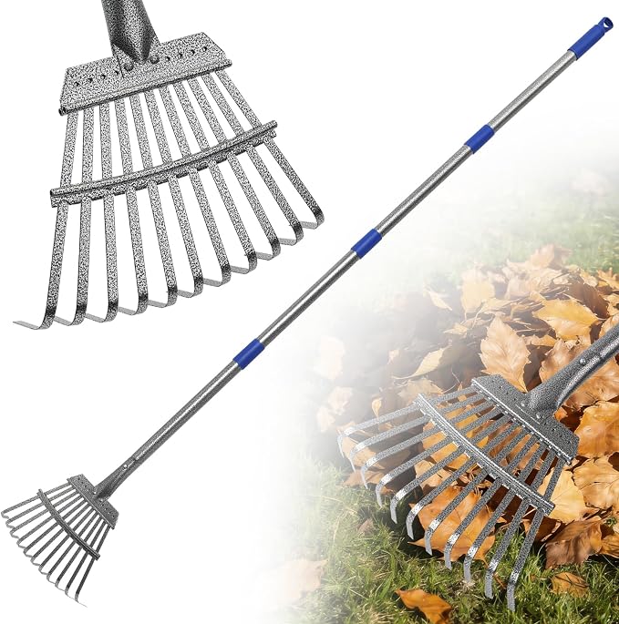 Small Garden Rake for Leaves, 6 Ft Adjustable Metal Lawn Rake