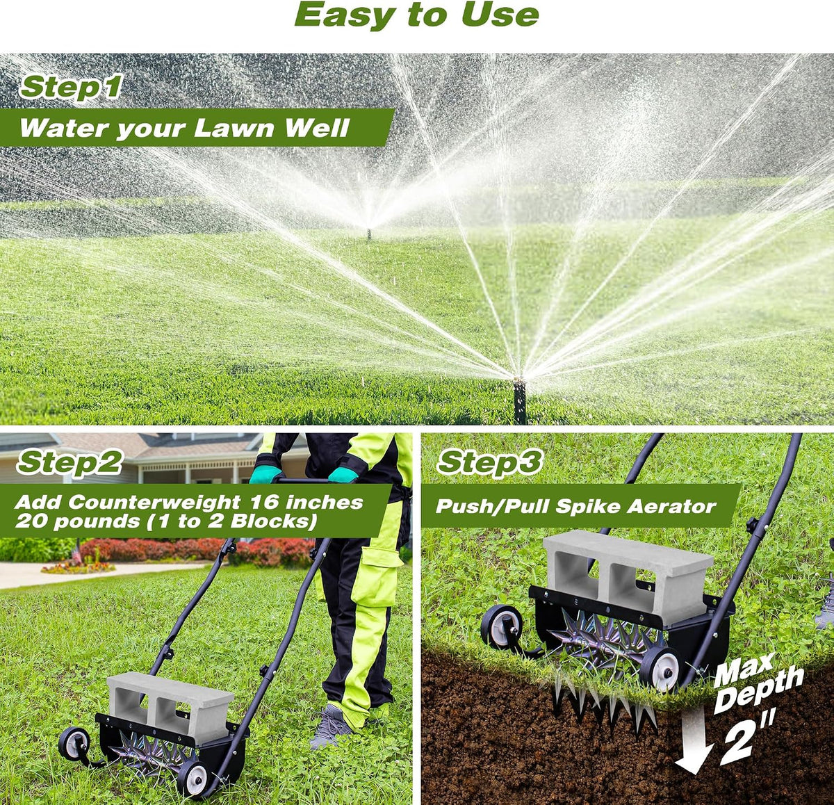 18-Inch Push Spike Lawn Aerator, Heavy Duty Rolling with Steel Handle