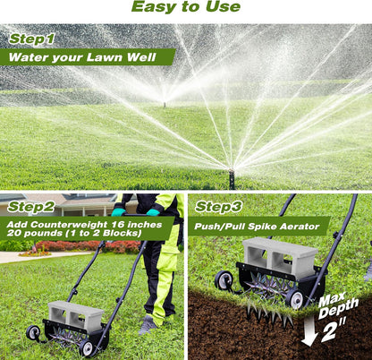 18-Inch Push Spike Lawn Aerator, Heavy Duty Rolling with Steel Handle
